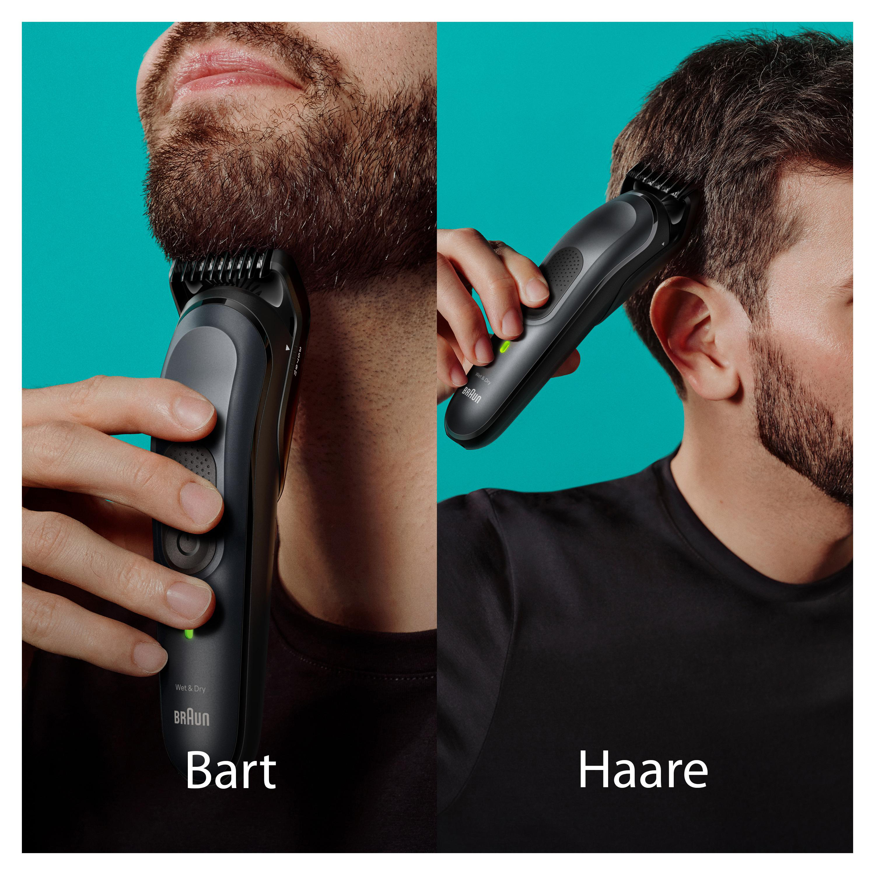 Mann benutzt Trimmer an Bart und Haaren, beschriftet mit 'Bart' und 'Haare'.