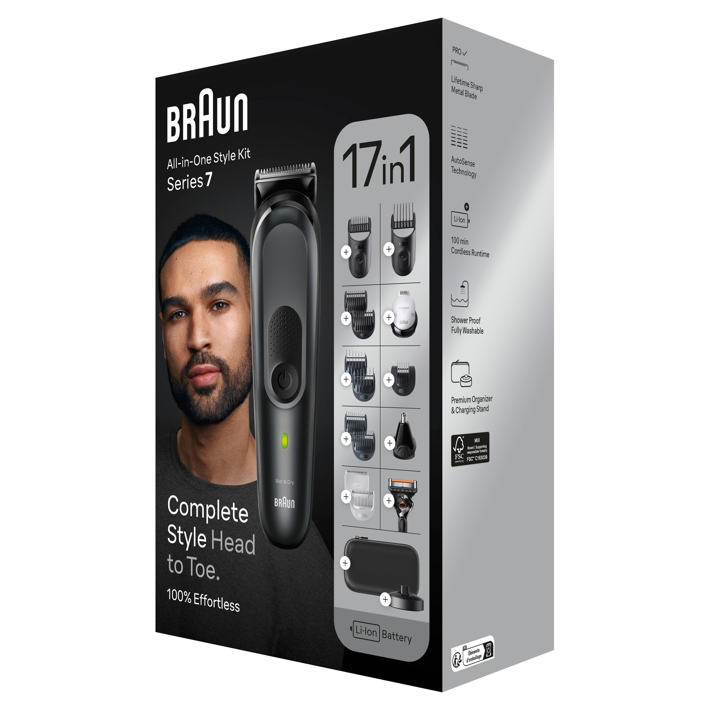 Eine Braun All-in-One Style Kit Box. Die Box zeigt das Gesicht eines Mannes und die Inhalte des Kits.