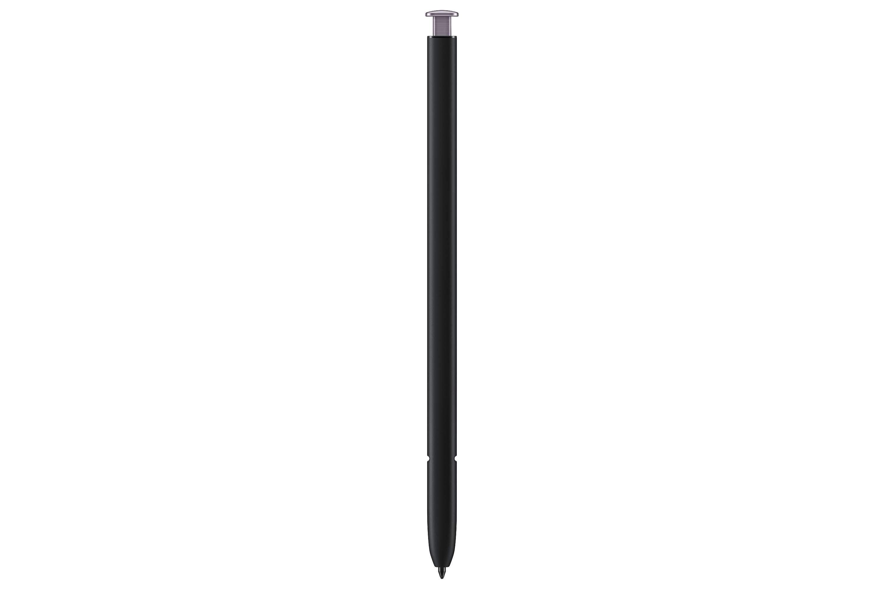 Ein schwarzer Eingabestift, der für die Verwendung mit einem Telefon bestimmt ist, steht aufrecht auf weißem Hintergrund.