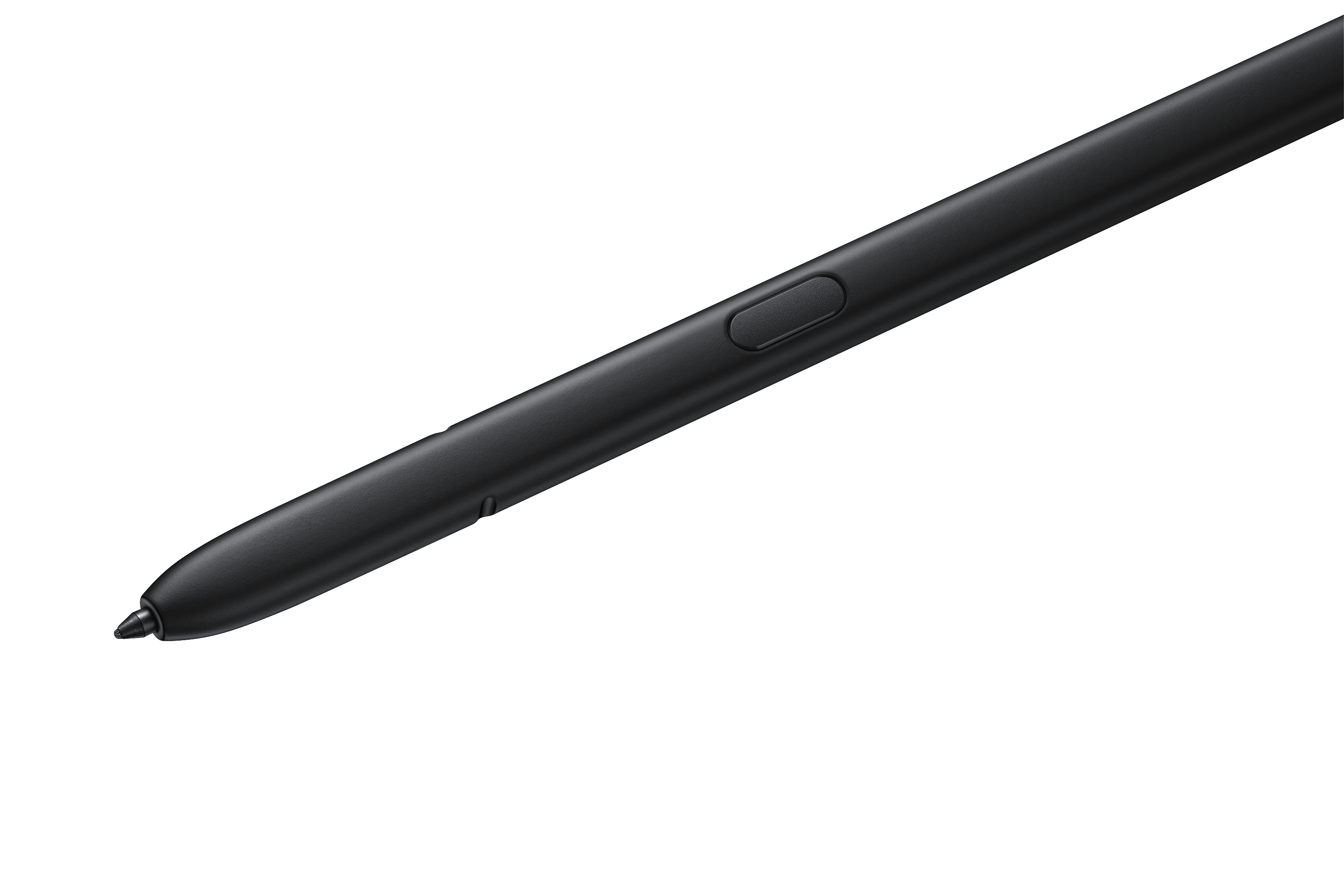 Schwarzer Stift. Nahaufnahme der Spitze und des Knopfes an der Seite.