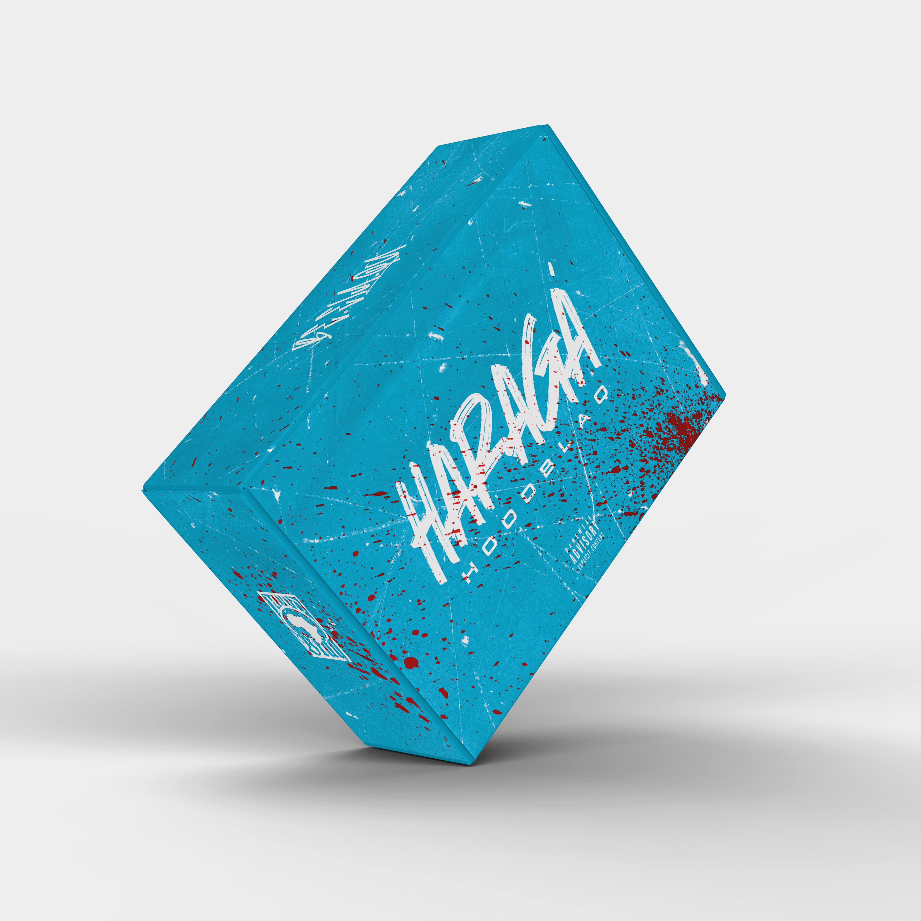 Eine blaue Box mit weißem Text "HARAGA" mit roten Spritzern und einem Logo.