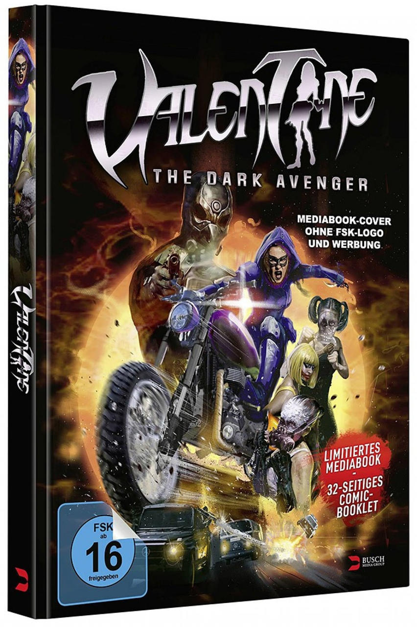 DVD-Cover: Valentine, The Dark Avenger. Dunkles Thema, Charaktere auf einem Motorrad.