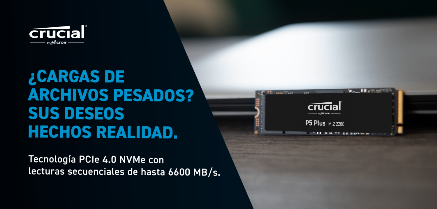 Un anuncio de producto. Texto y una unidad SSD NVMe sobre una superficie de madera.
