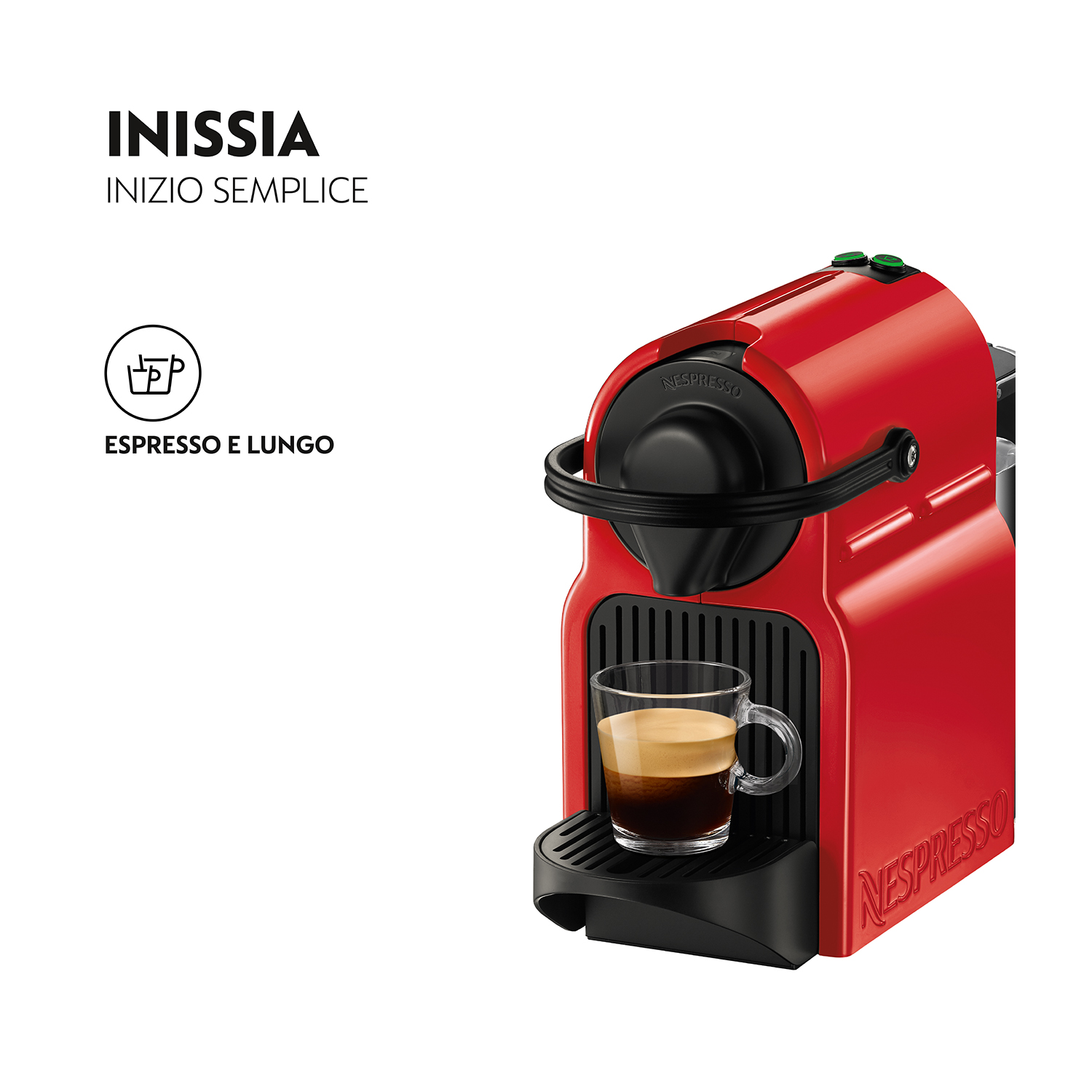 Macchina da caffè Nespresso rossa con un bicchiere di caffè accanto.