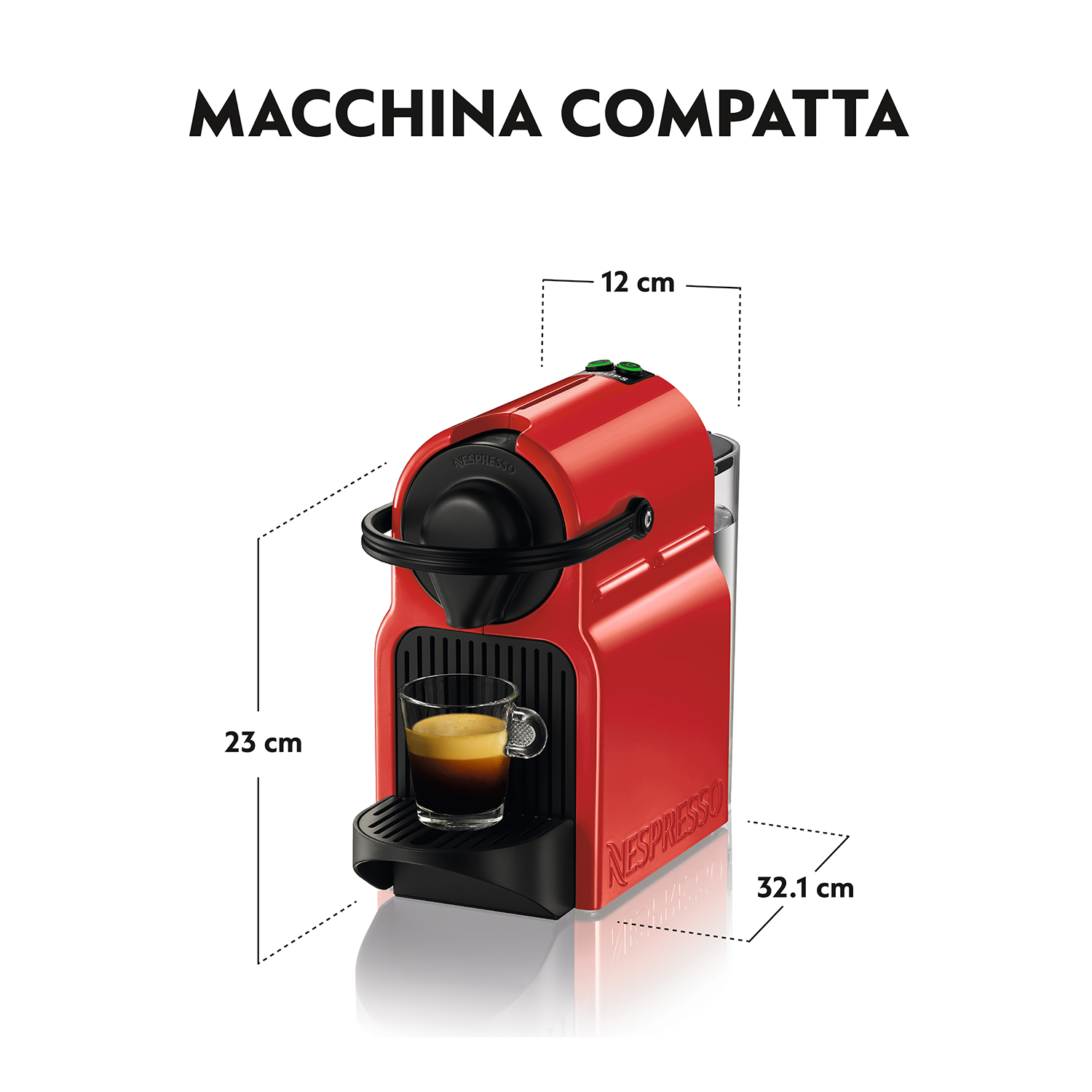 Una macchina da caffè Nespresso rossa con un bicchiere di caffè, dimensioni segnate sull'immagine.