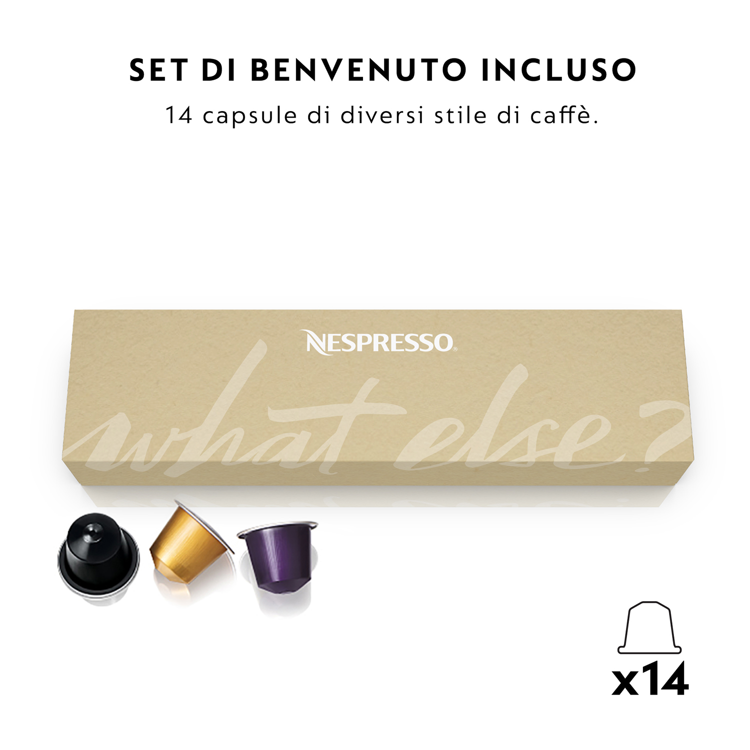 Capsule di caffè Nespresso con una scatola. La scatola ha il testo "What else?". Sfondo bianco.