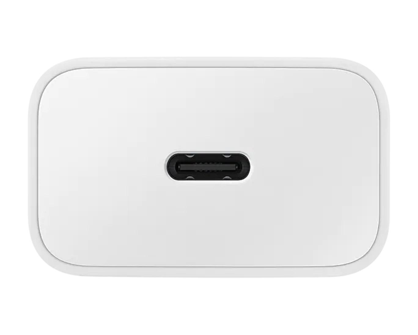 Weißes USB-C-Ladegerät mit schwarzem USB-C-Anschluss, isoliert auf Weiß.