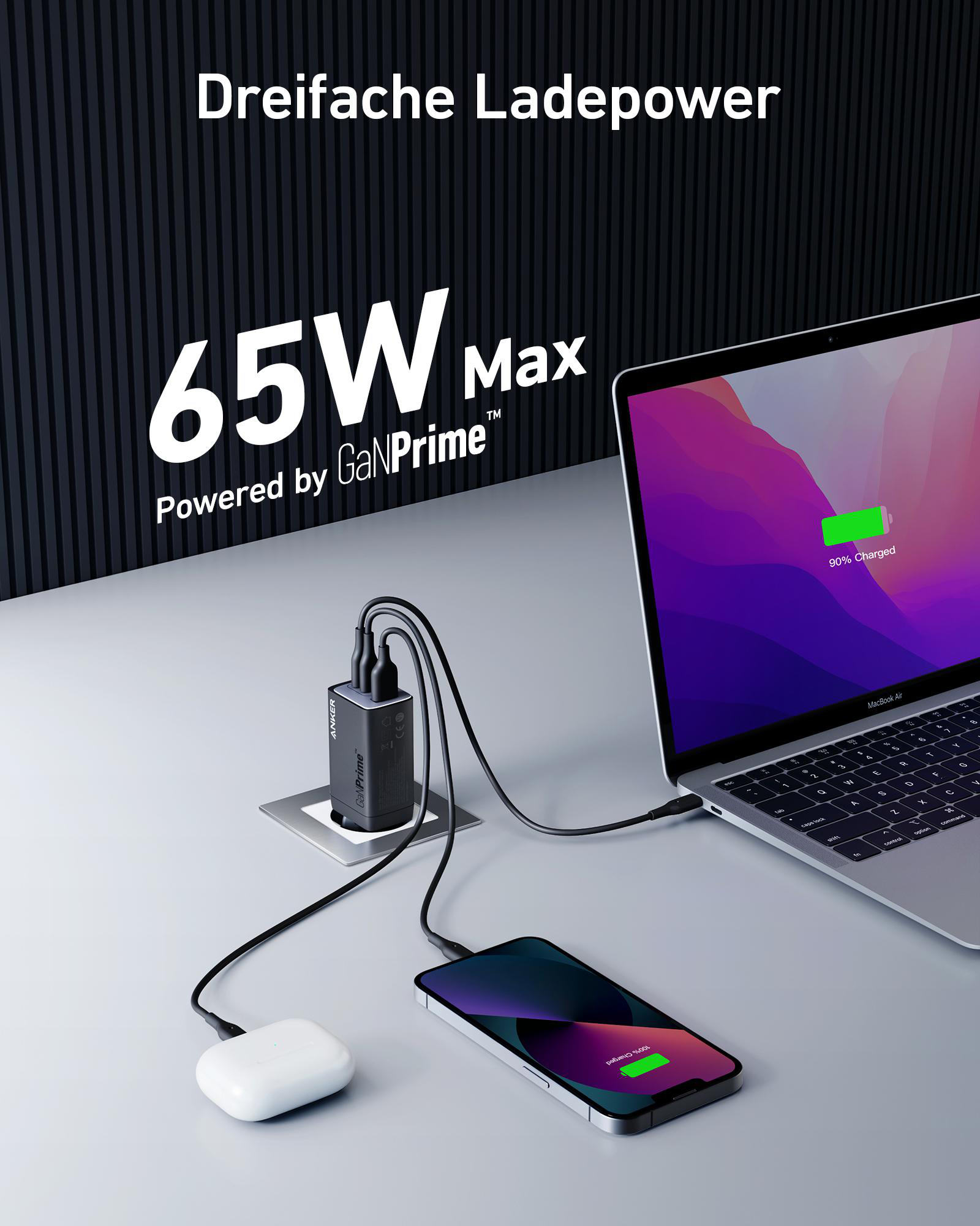 Schwarzes Ladegerät mit mehreren Kabeln lädt Laptop und Telefon. Weiße AirPods-Hülle daneben.