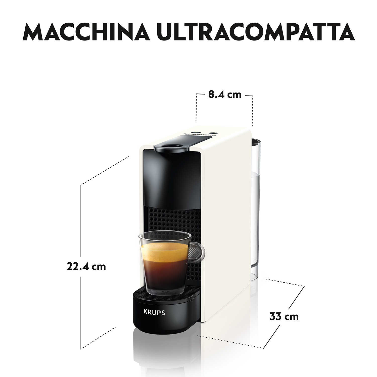 Macchina Nespresso bianca e nera con un bicchiere di caffè ed etichette dimensionali.
