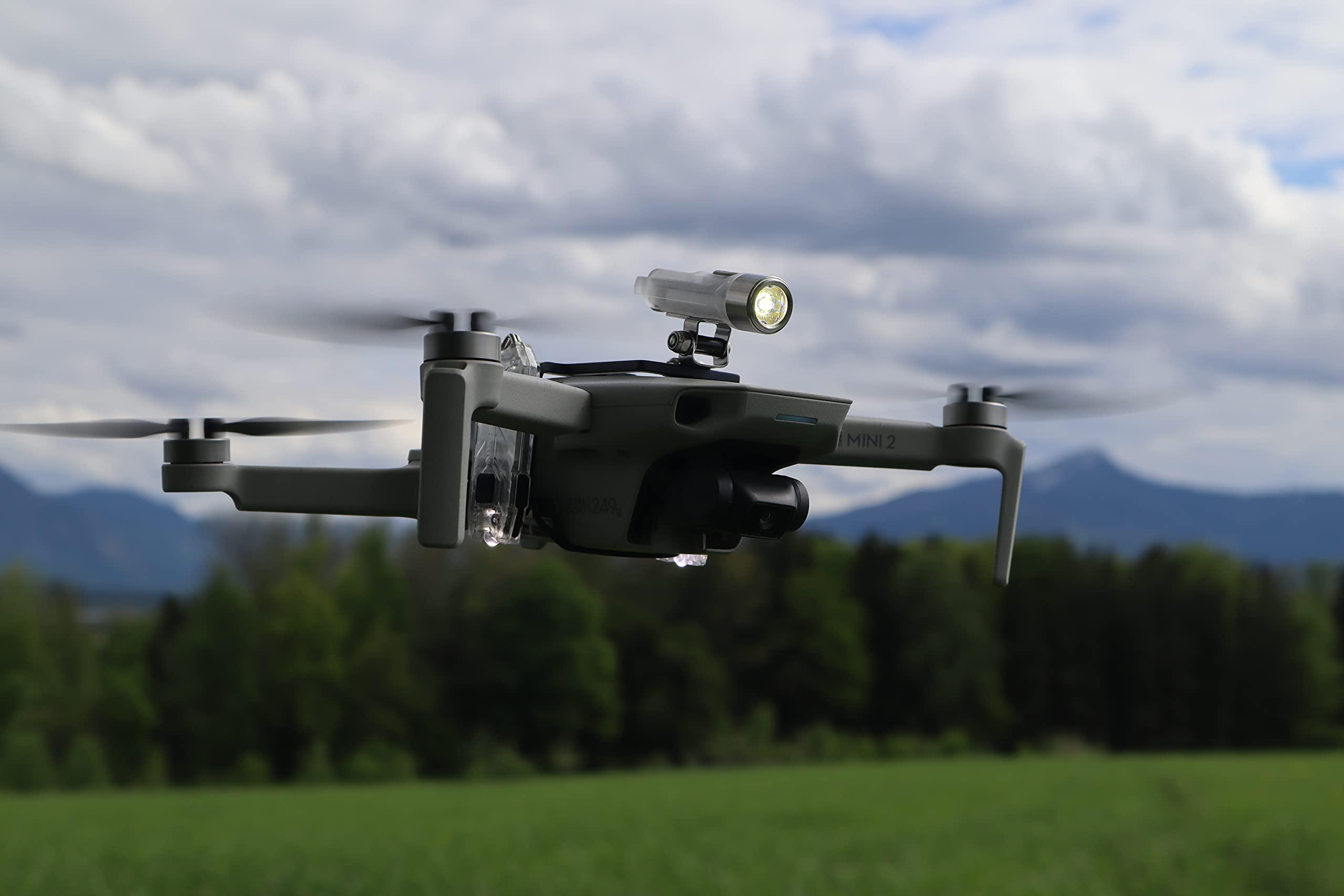 Eine Drohne fliegt über ein grünes Feld. Der Himmel ist bewölkt. Berge sind im Hintergrund sichtbar.