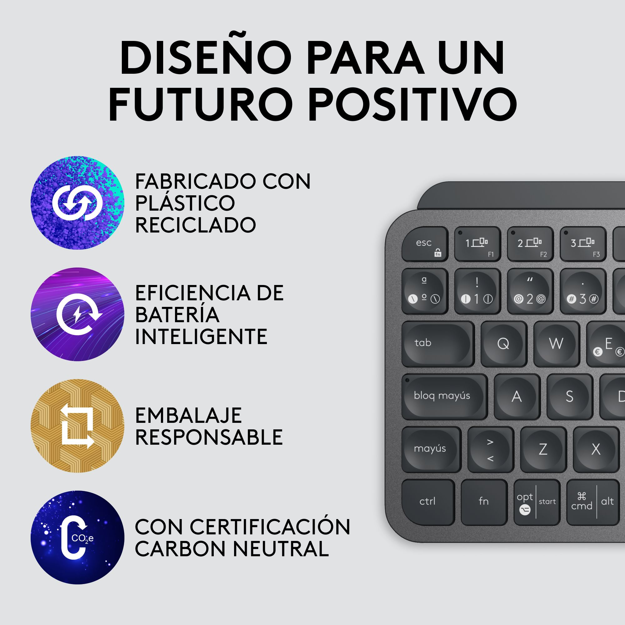 Un teclado con texto en español sobre plástico reciclado y eficiencia de la batería.