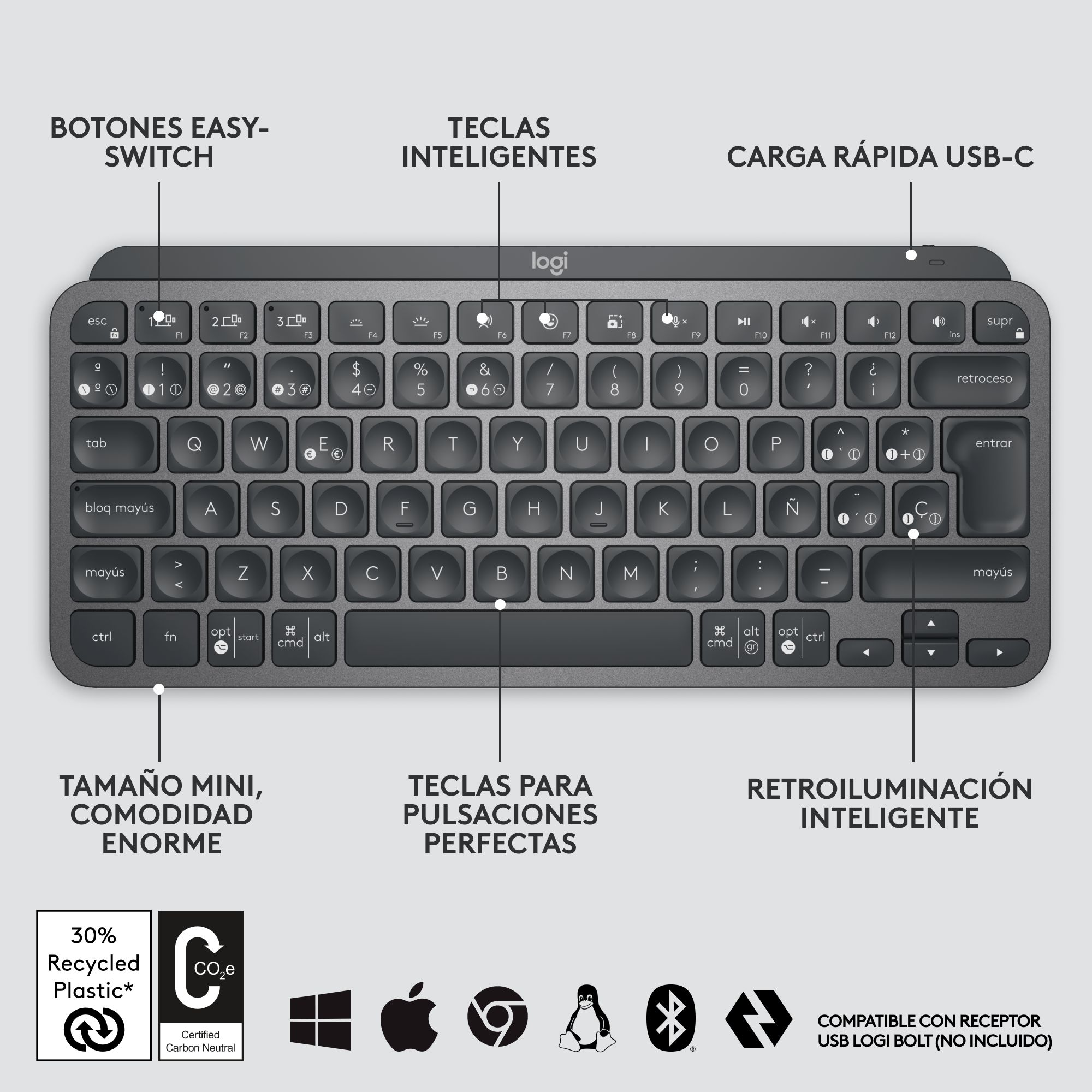 Teclado negro con teclas blancas, etiquetado en español. Puerto de carga USB-C. Logotipo de reciclaje.