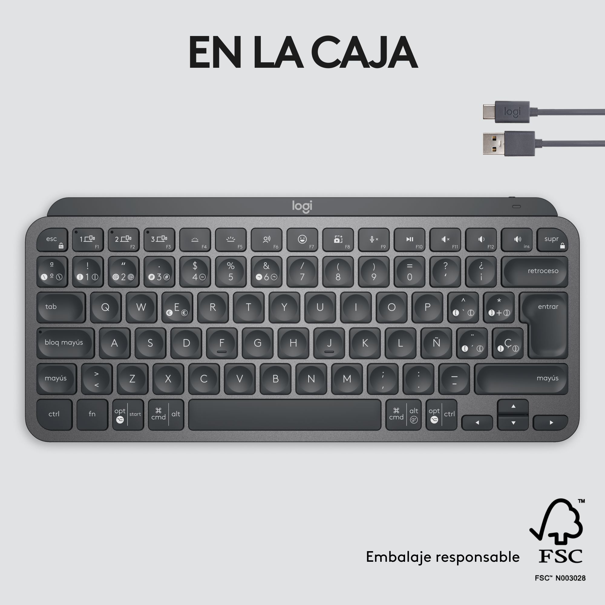 Un teclado compacto con diseño gris oscuro, diseño estándar y logotipo Logi.