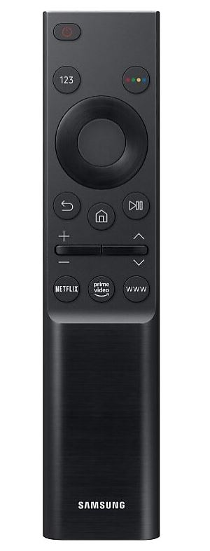 Siyah Samsung uzaktan kumandası. Güç, sayı, navigasyon, Netflix, Prime Video ve WWW düğmeleri var.