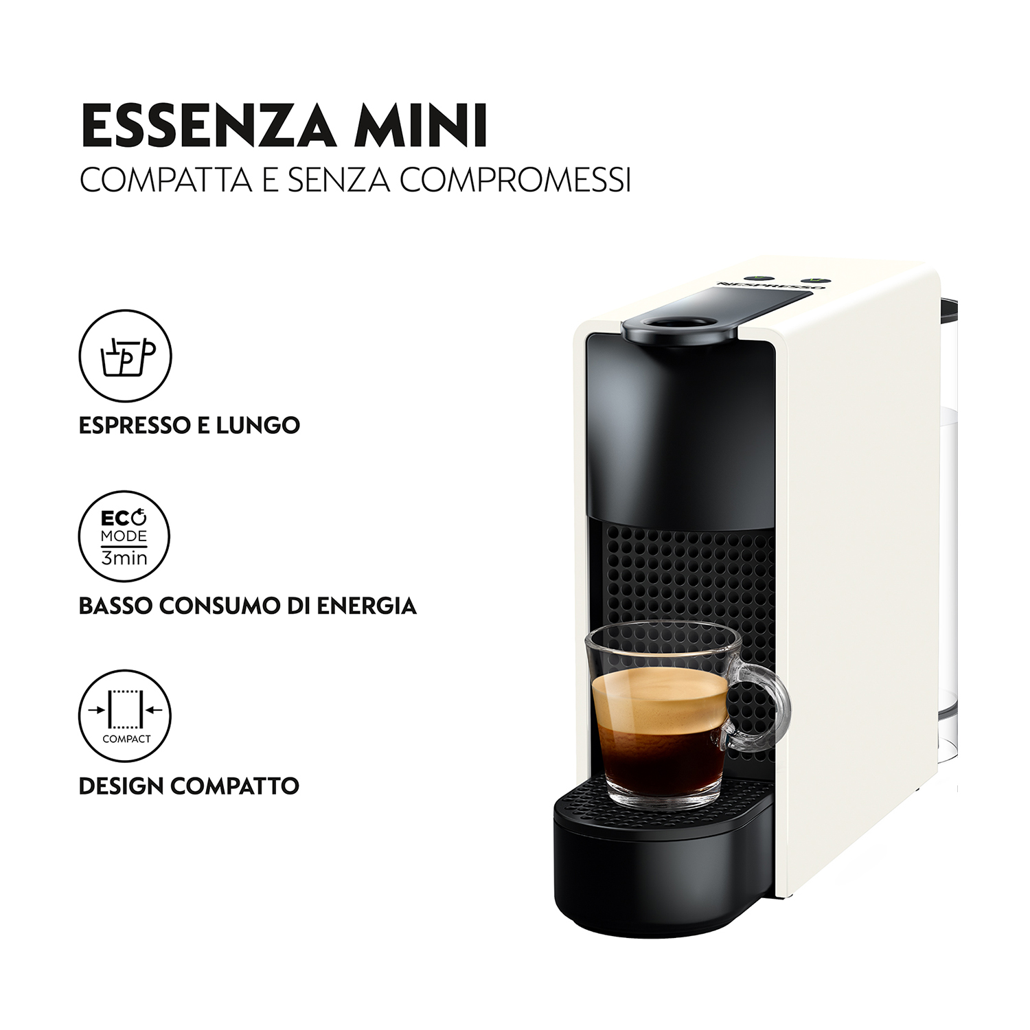 Macchina per caffè espresso bianca e nera con un bicchiere di caffè su una base nera.