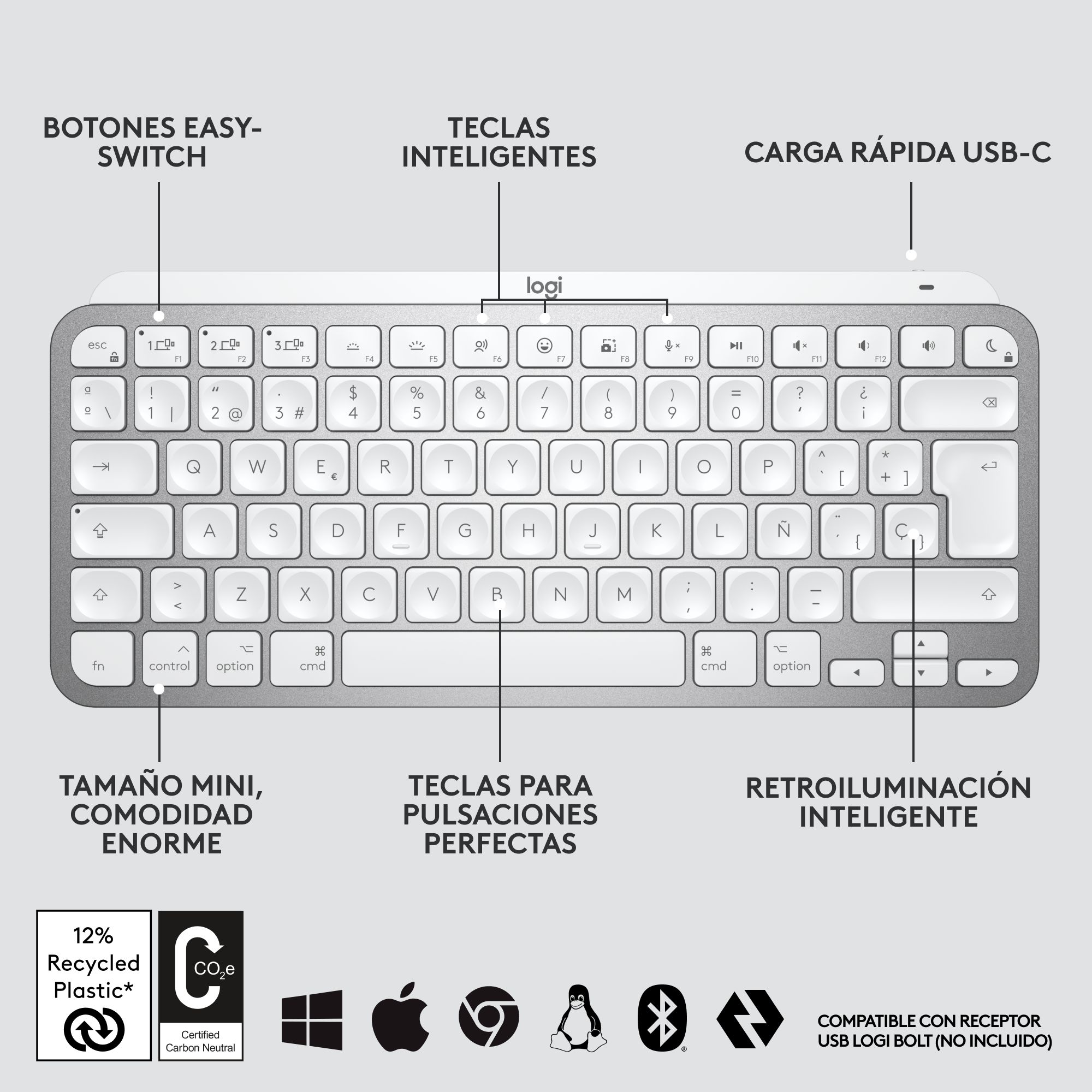Un teclado plateado con teclas blancas y etiquetas. Diseño minimalista con funciones rotuladas.