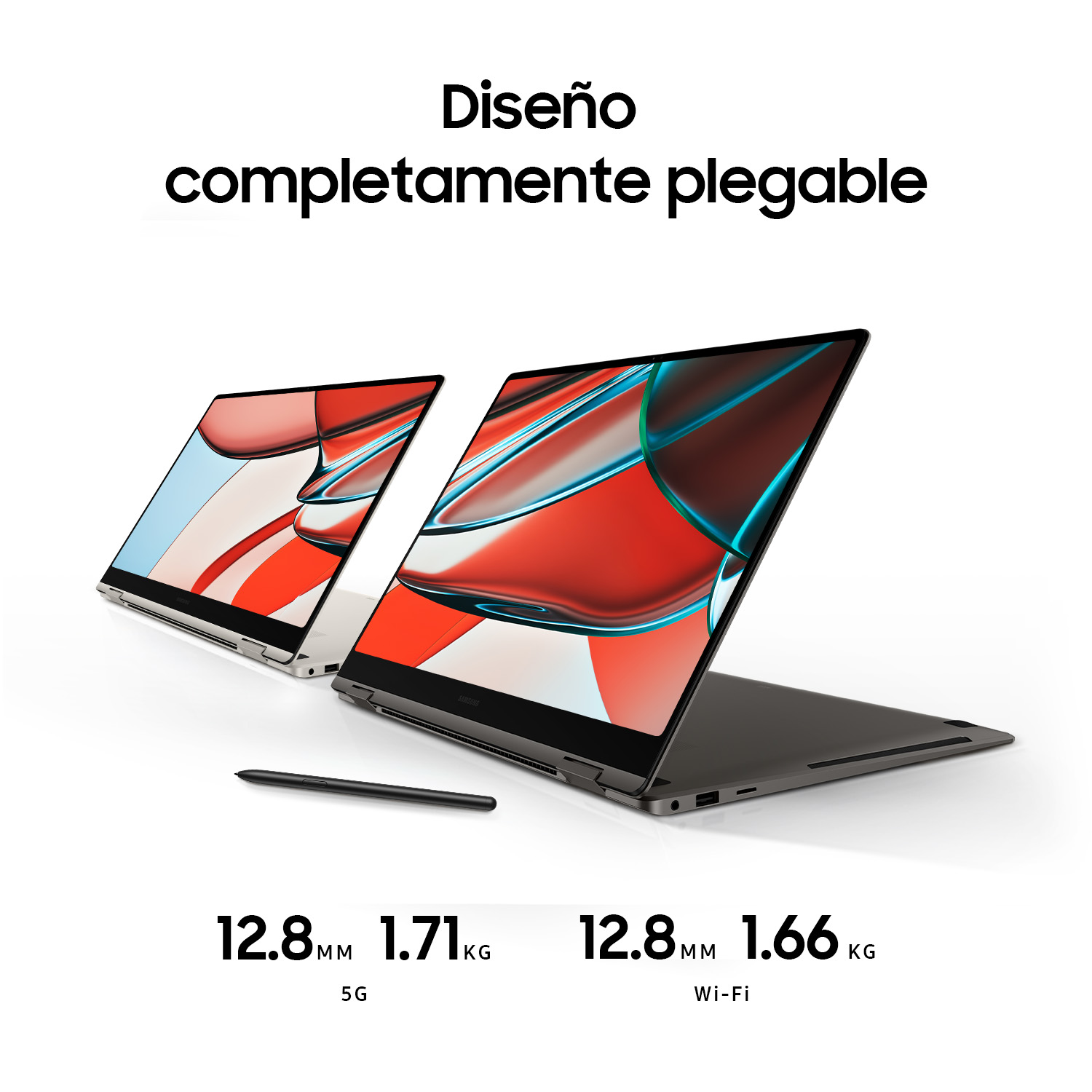 Se muestran dos portátiles. Uno está abierto. Texto arriba: 'Diseño completamente plegable', especificaciones abajo.