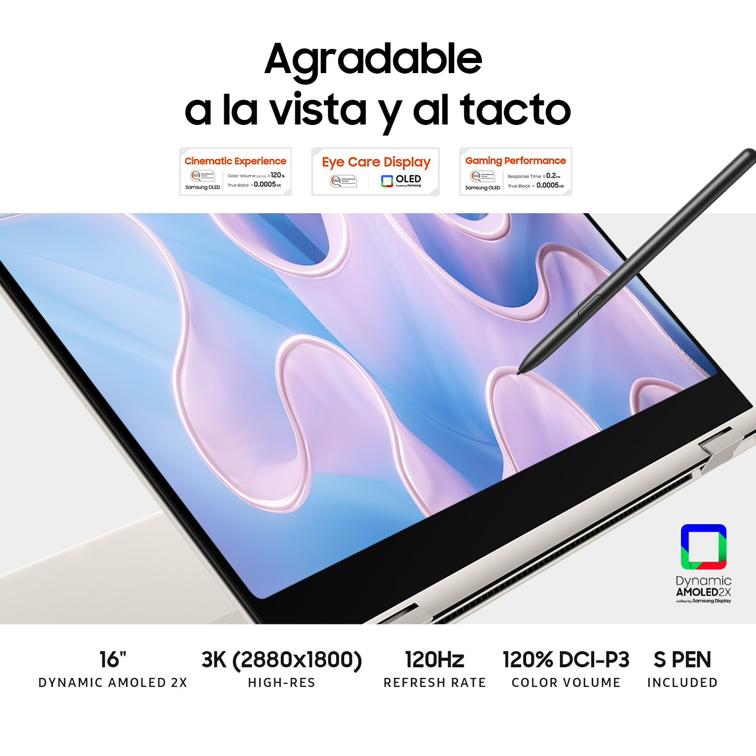 Ordenador portátil con bolígrafo y texto en la pantalla, fondo blanco con detalles.