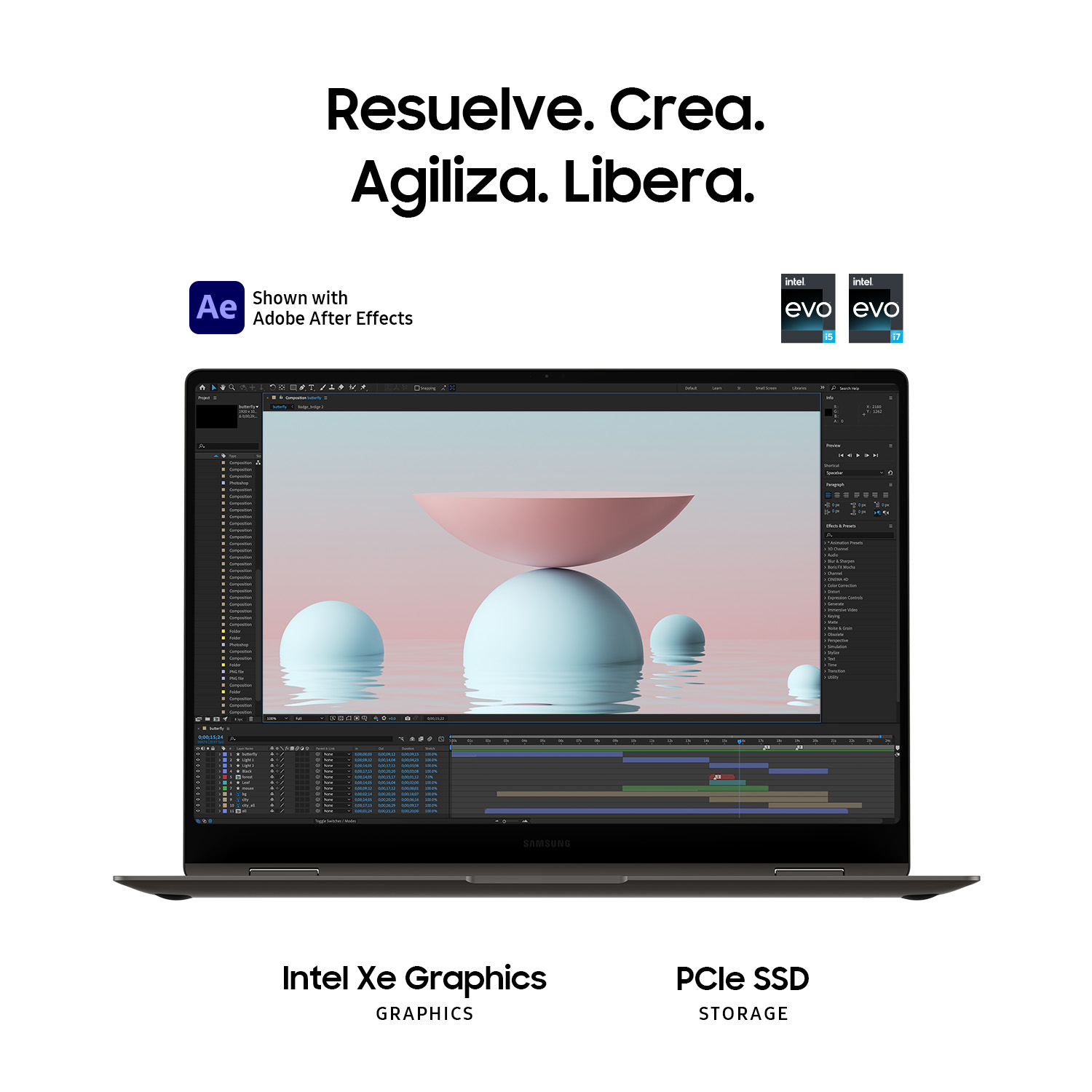 Laptop con interfaz de diseño, esferas estilizadas, Intel Xe Graphics y almacenamiento PCIe SSD.