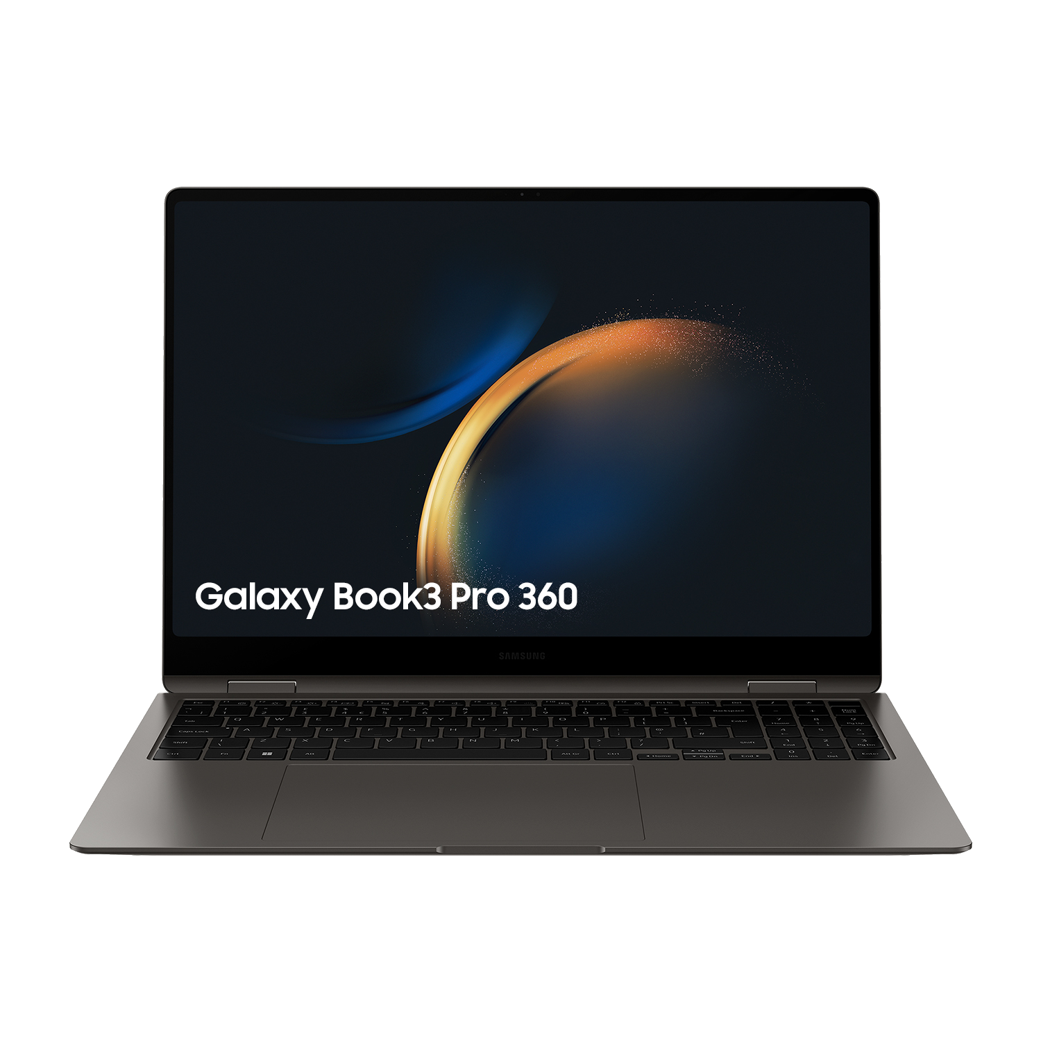 Laptop negro, Galaxy Book3 Pro 360, con pantalla vibrante en fondo negro.