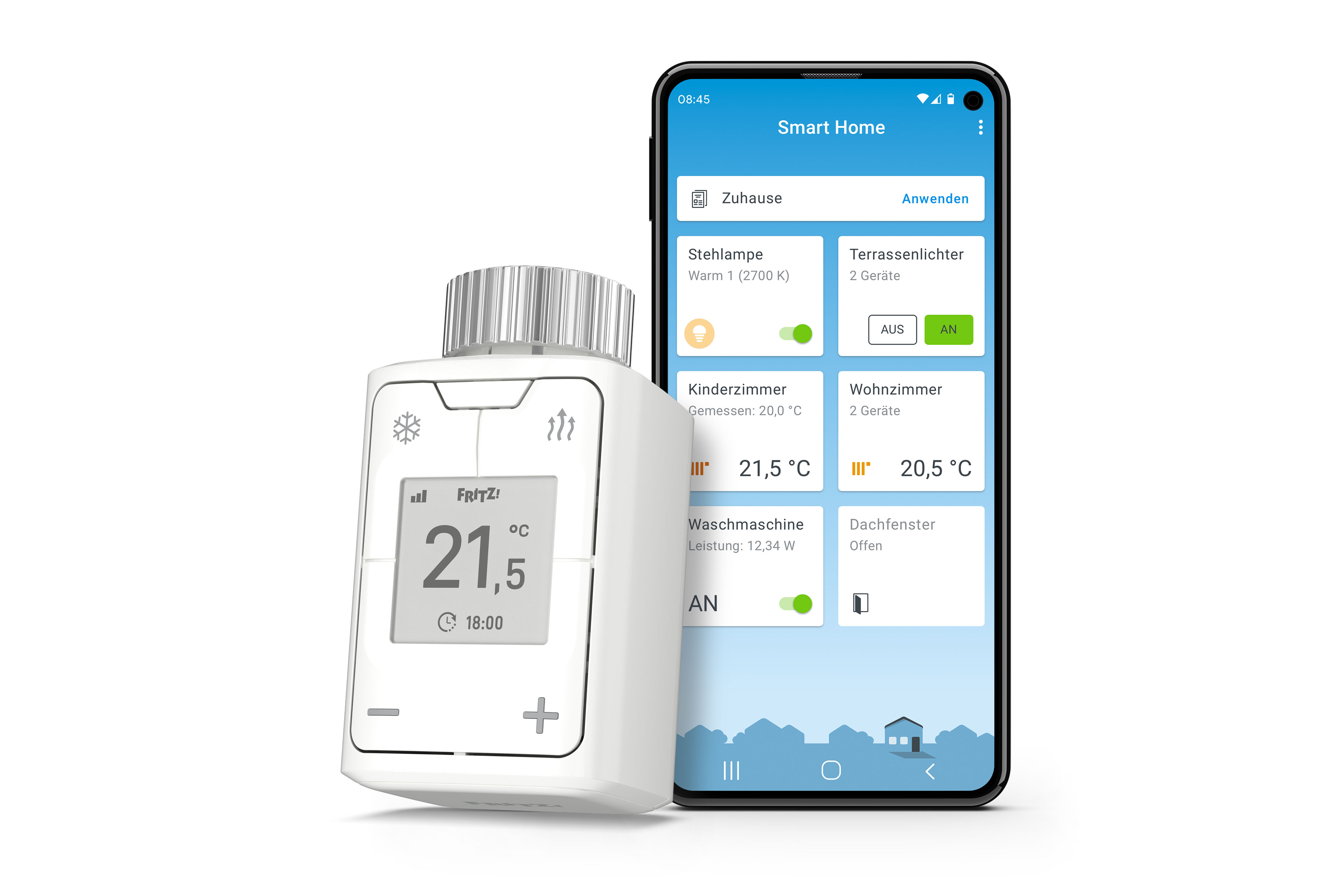 Smart Home-Gerät auf weißer Oberfläche. Das Telefon zeigt das Smart Home-Dashboard. Thermostat und Telefon sind sichtbar.