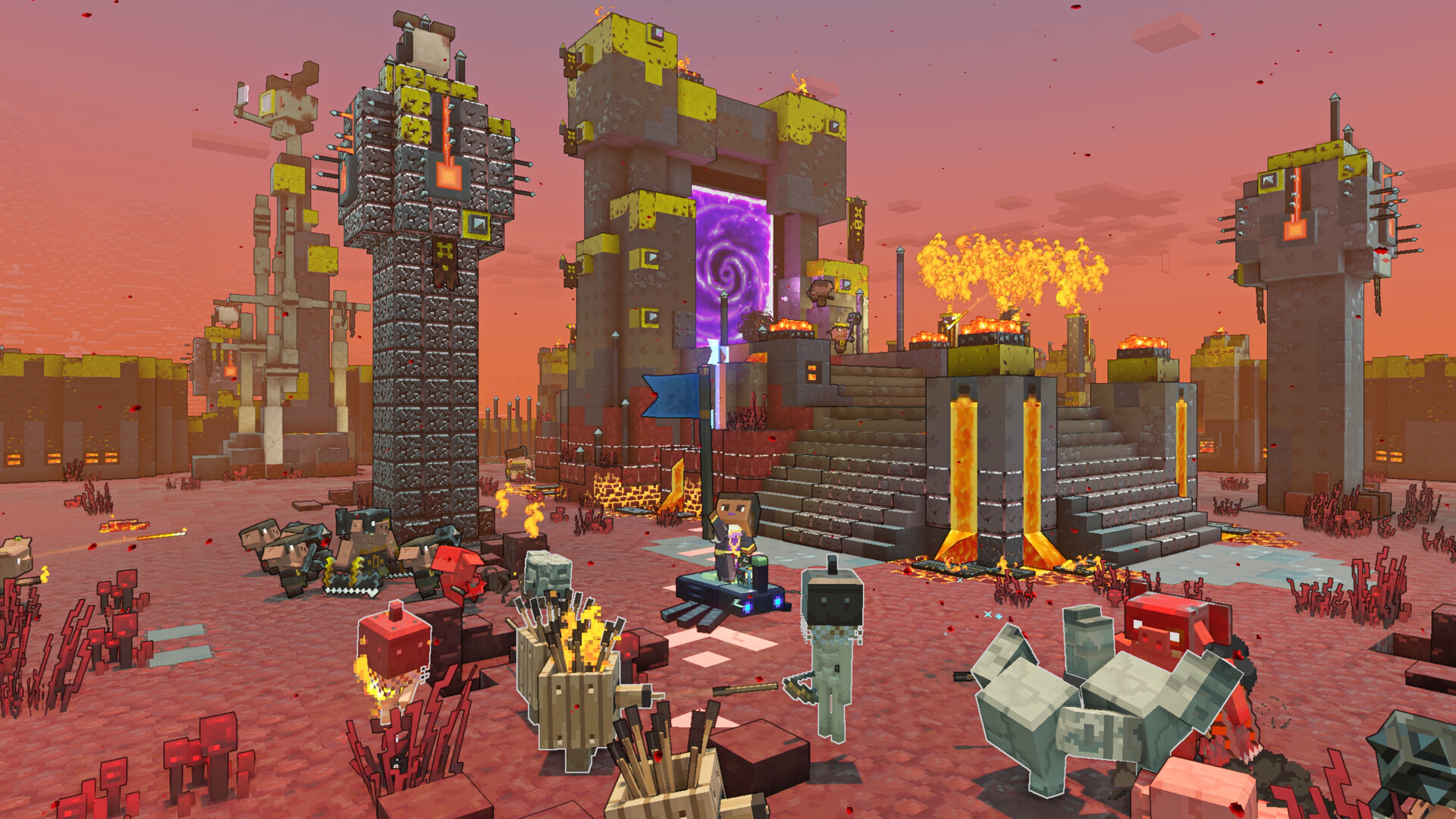 Een voxel art scène met een grote structuur, beelden en een paars portaal tegen een lucht.