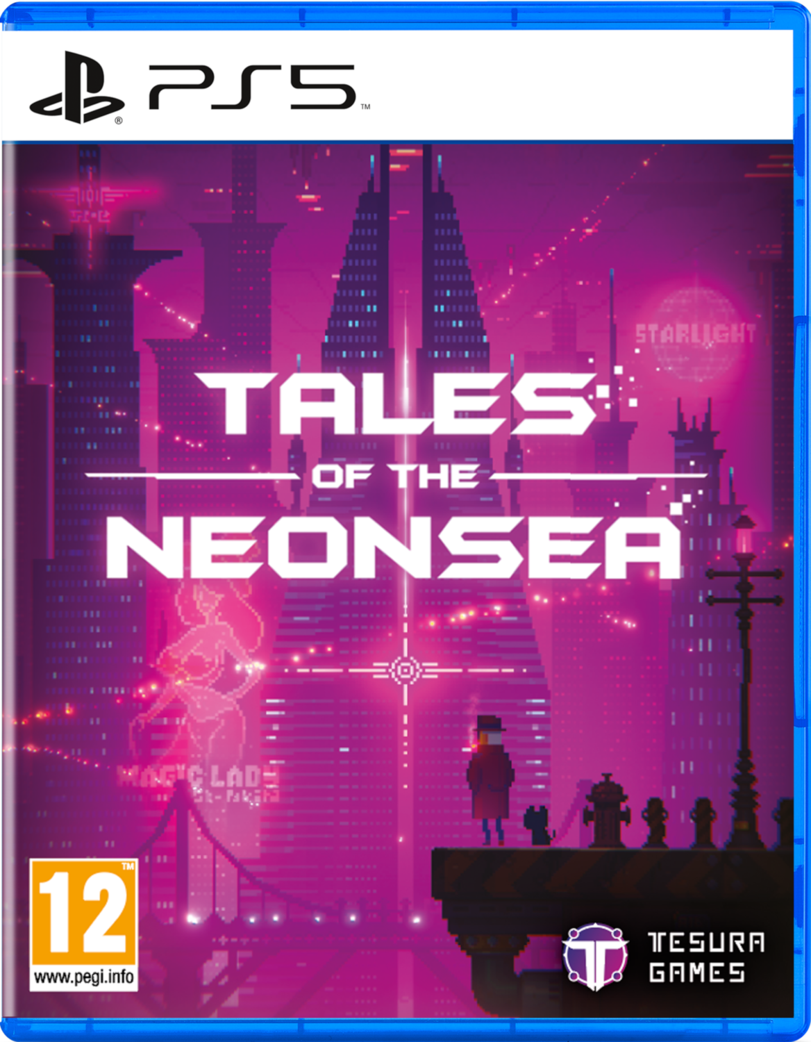 Boîte de jeu PS5, Tales of the Neonsea, ville rose vibrante, personnages stylisés et classification 12.