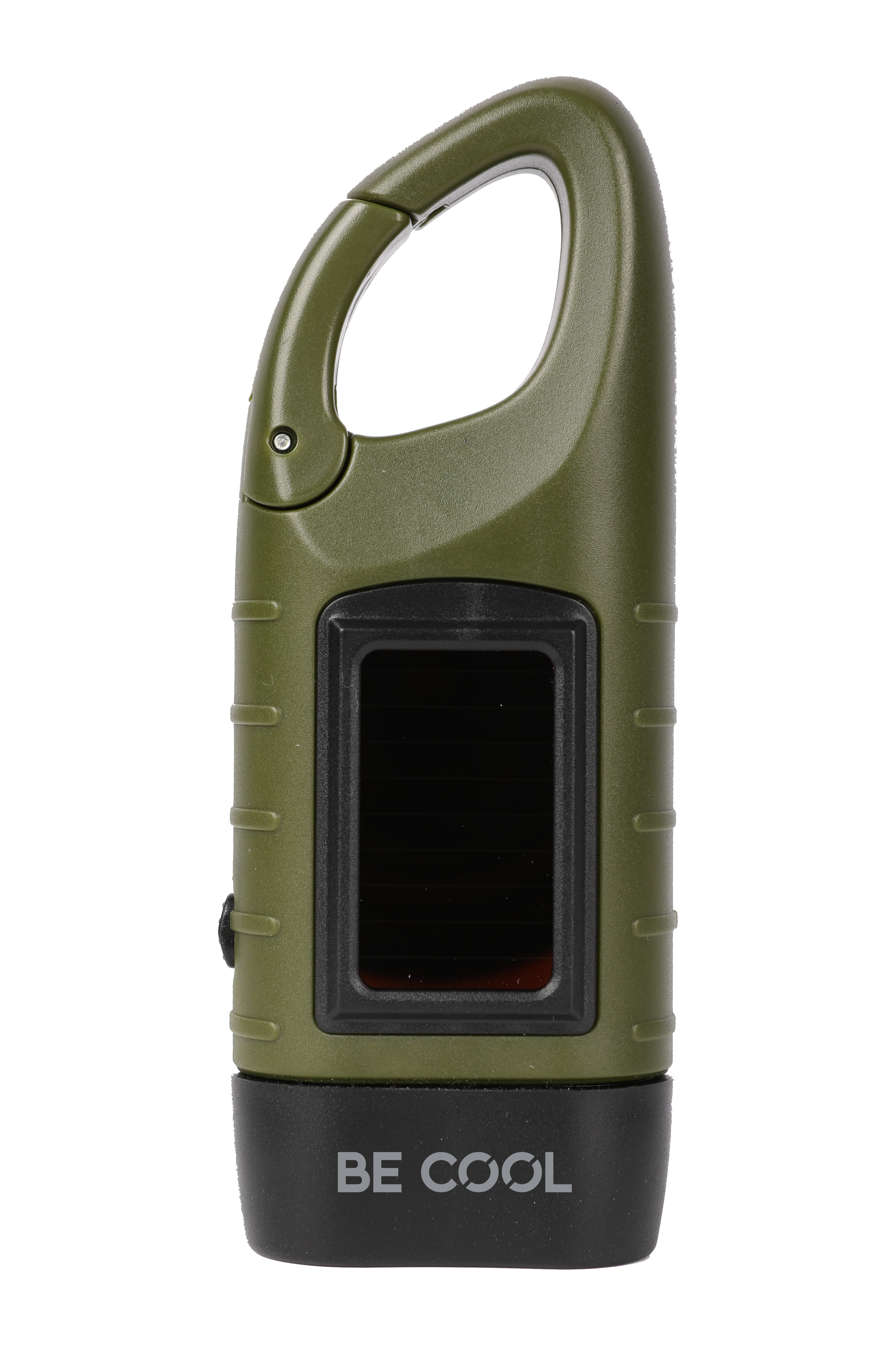 Grüne Taschenlampe mit schwarzem Boden und Karabiner. Weißer Hintergrund.