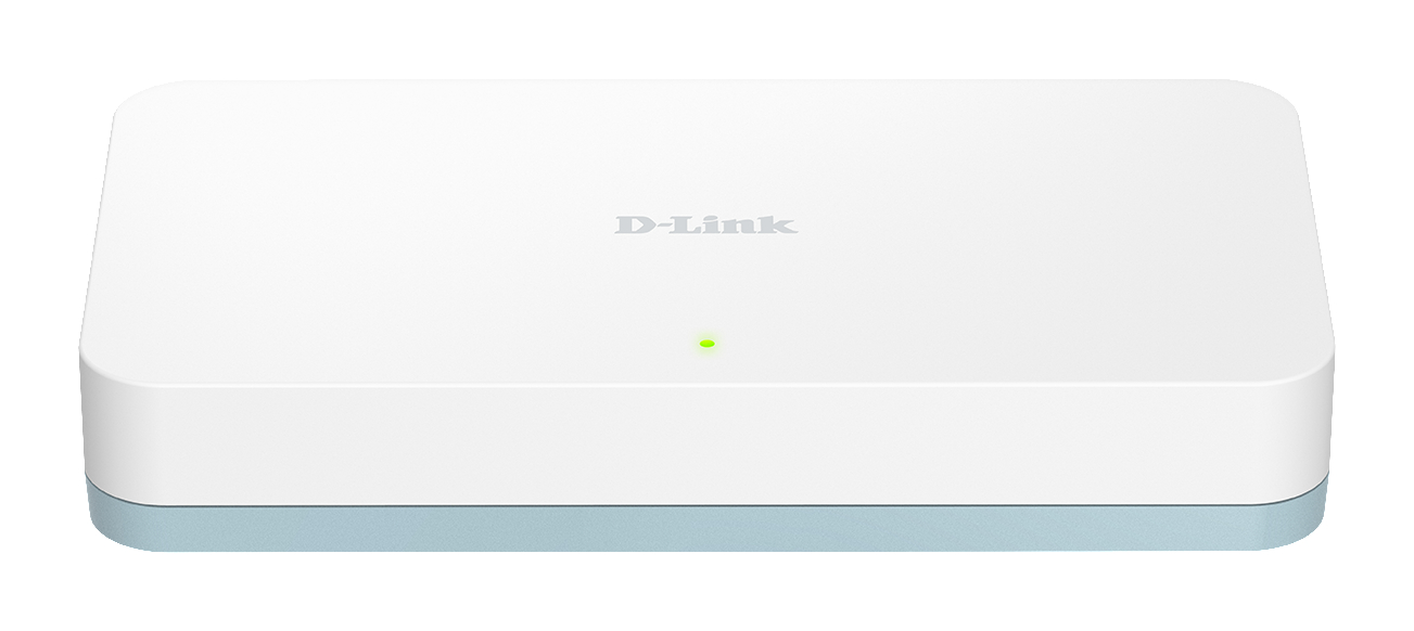 Weißer D-Link-Router auf weißem Hintergrund mit grünem Licht.