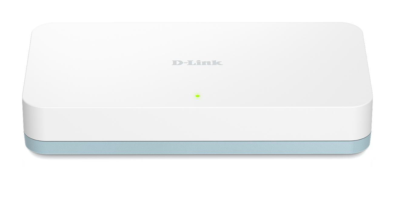 Ein weißer D-Link-Netzwerk-Switch mit grüner Betriebsanzeige.