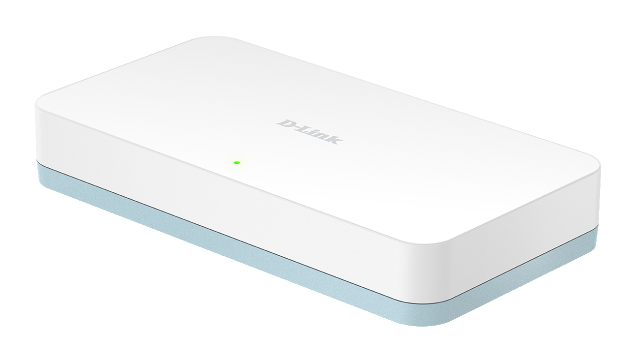 Weißer D-Link Netzwerk-Switch. Er hat eine blaue Basis und ein grünes Licht.