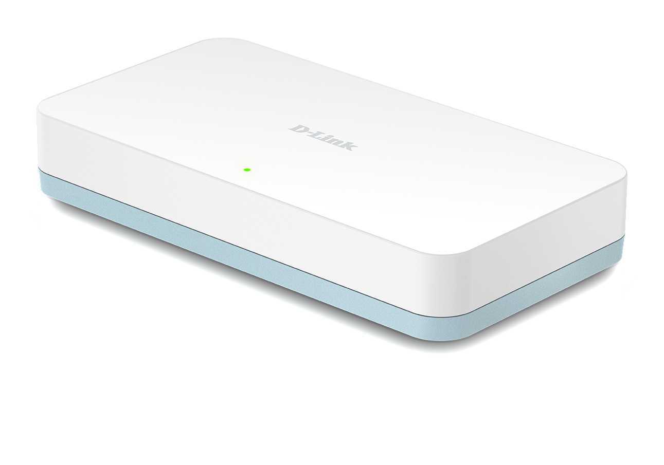 Ein weißes D-Link-Netzwerkgerät, rechteckig mit blauem Sockel und grünem Power-Licht.