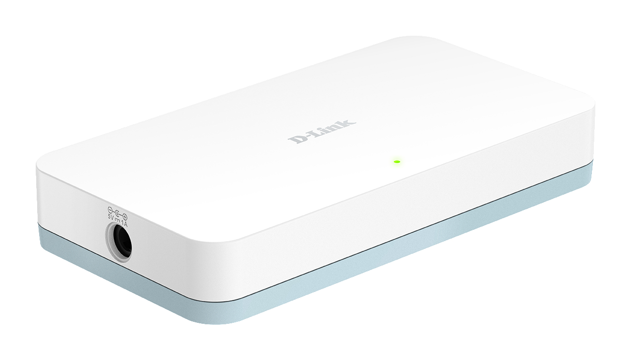 Weißes D-Link-Gerät mit grünem Licht, auf weißer Oberfläche mit blauem Boden.