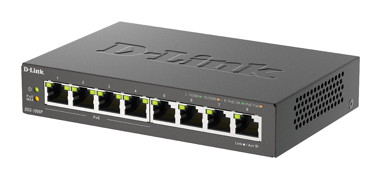 Ein schwarzer D-Link-Netzwerk-Switch mit mehreren Anschlüssen, jeder mit grünem Licht.