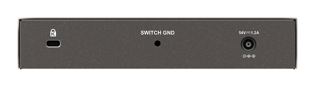 Die Rückseite eines schwarzen Geräts mit den Worten SWITCH GND und dem Stromeingang.