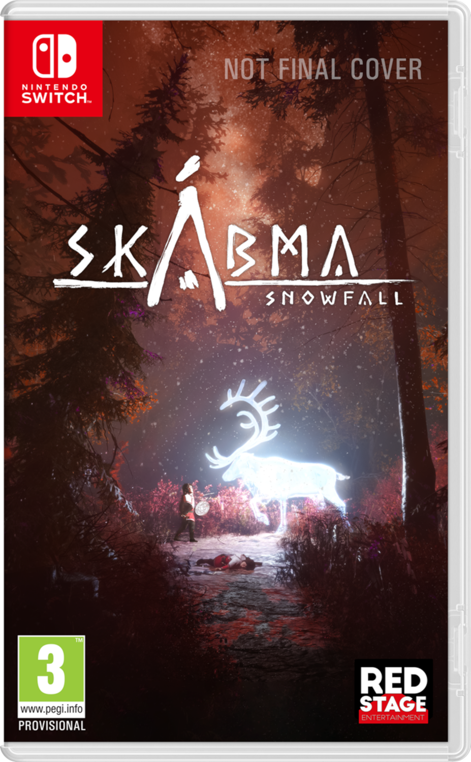 Nintendo Switch game case voor 'Skábma: Snowfall' met een hert en bos illustratie.