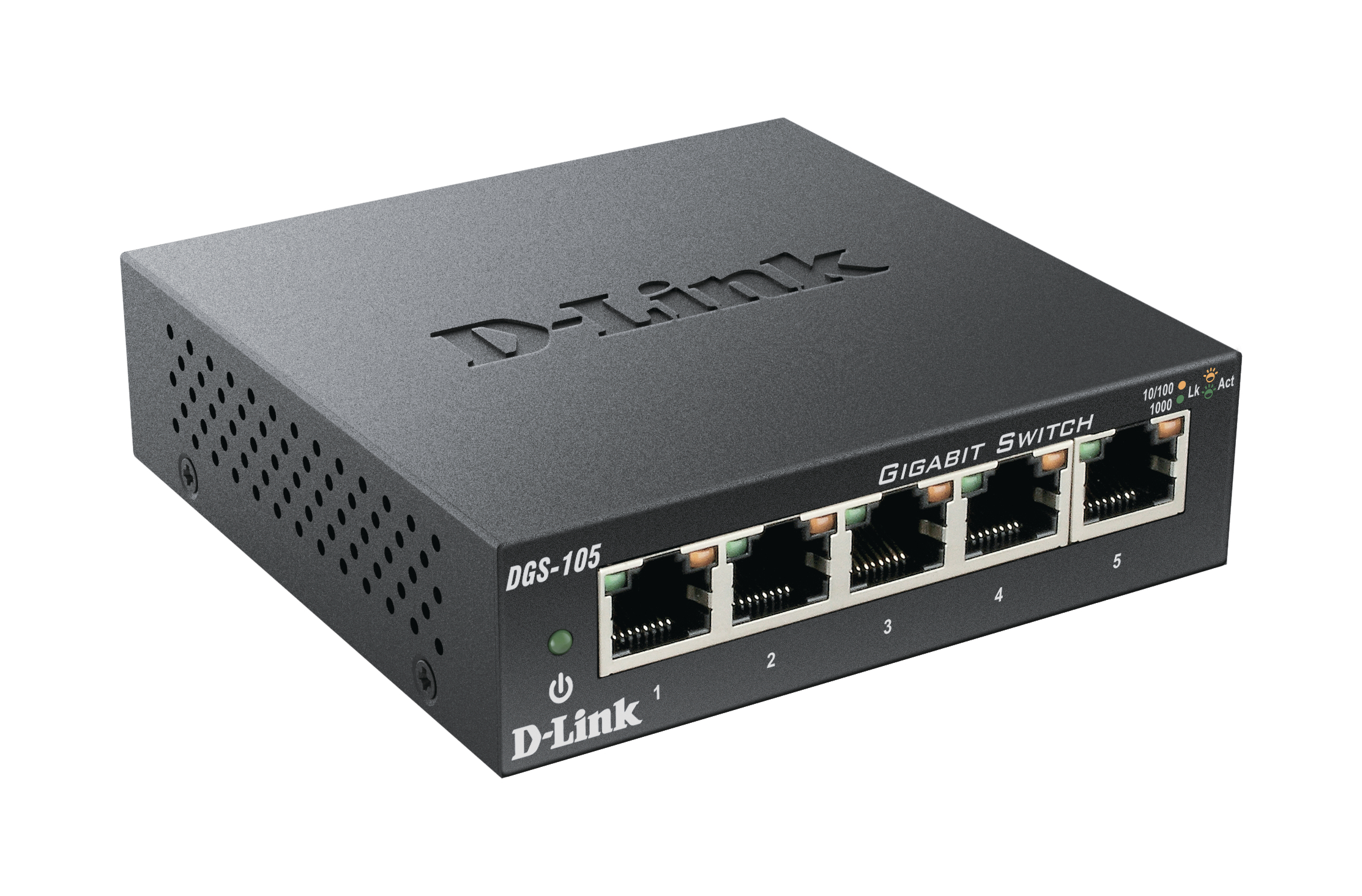 Schwarzer D-Link Gigabit Switch mit fünf nummerierten Anschlüssen. Das D-Link Logo ist sichtbar.
