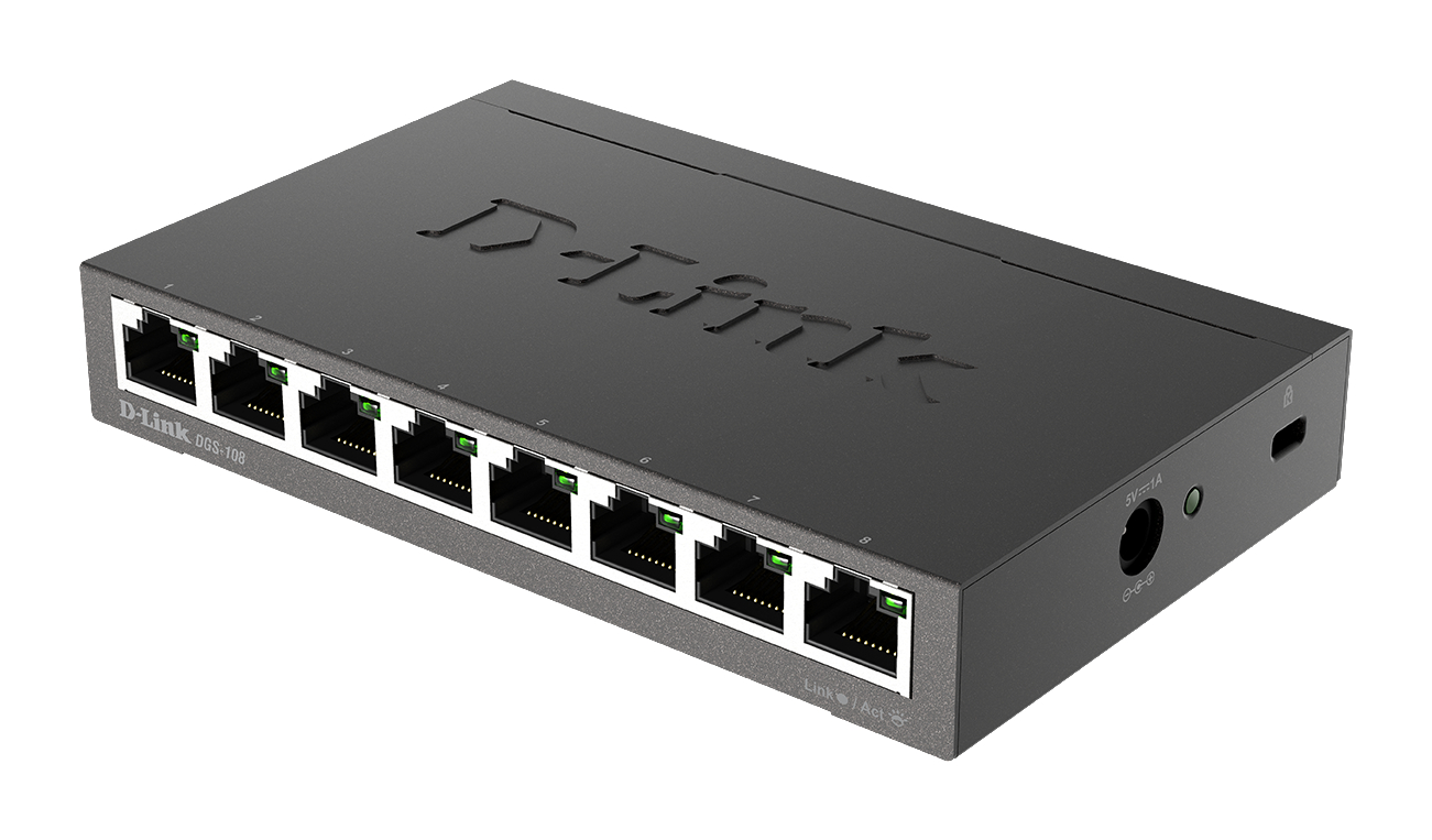 Schwarzer D-Link Netzwerk-Switch mit Ethernet-Anschlüssen. Weißer Hintergrund.