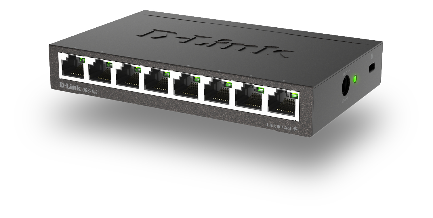 Schwarzer D-Link Netzwerk-Switch mit acht Anschlüssen und grünen Lichtern auf weißem Hintergrund.