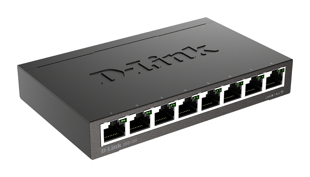 Ein schwarzer D-Link Netzwerk-Switch mit 8 Anschlüssen und grünen Lichtern, auf weißem Hintergrund.