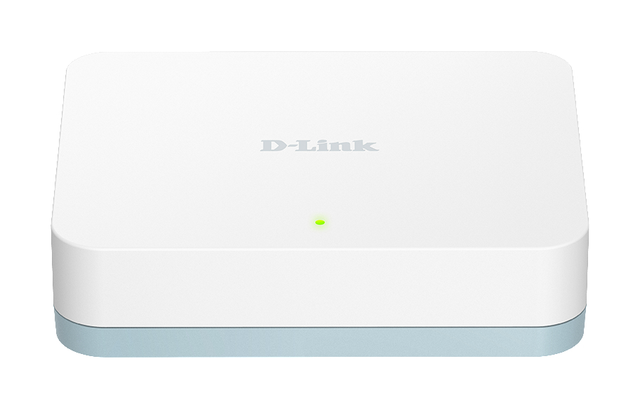 Weißer D-Link Router mit einem grünen Licht auf der Vorderseite. Es ist ein quadratisches, flaches Gerät.