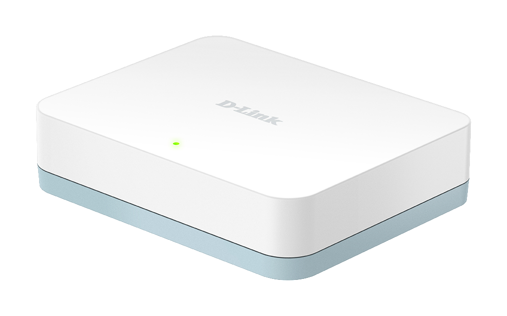 Ein weißer und blauer D-Link Router. Die Oberseite ist weiß und die Unterseite hellblau.