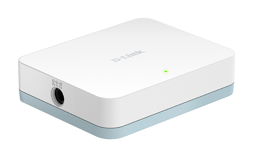 Ein weißes D-Link-Gerät, klein, rechteckig, mit einem Licht und einem Anschluss an der Seite.