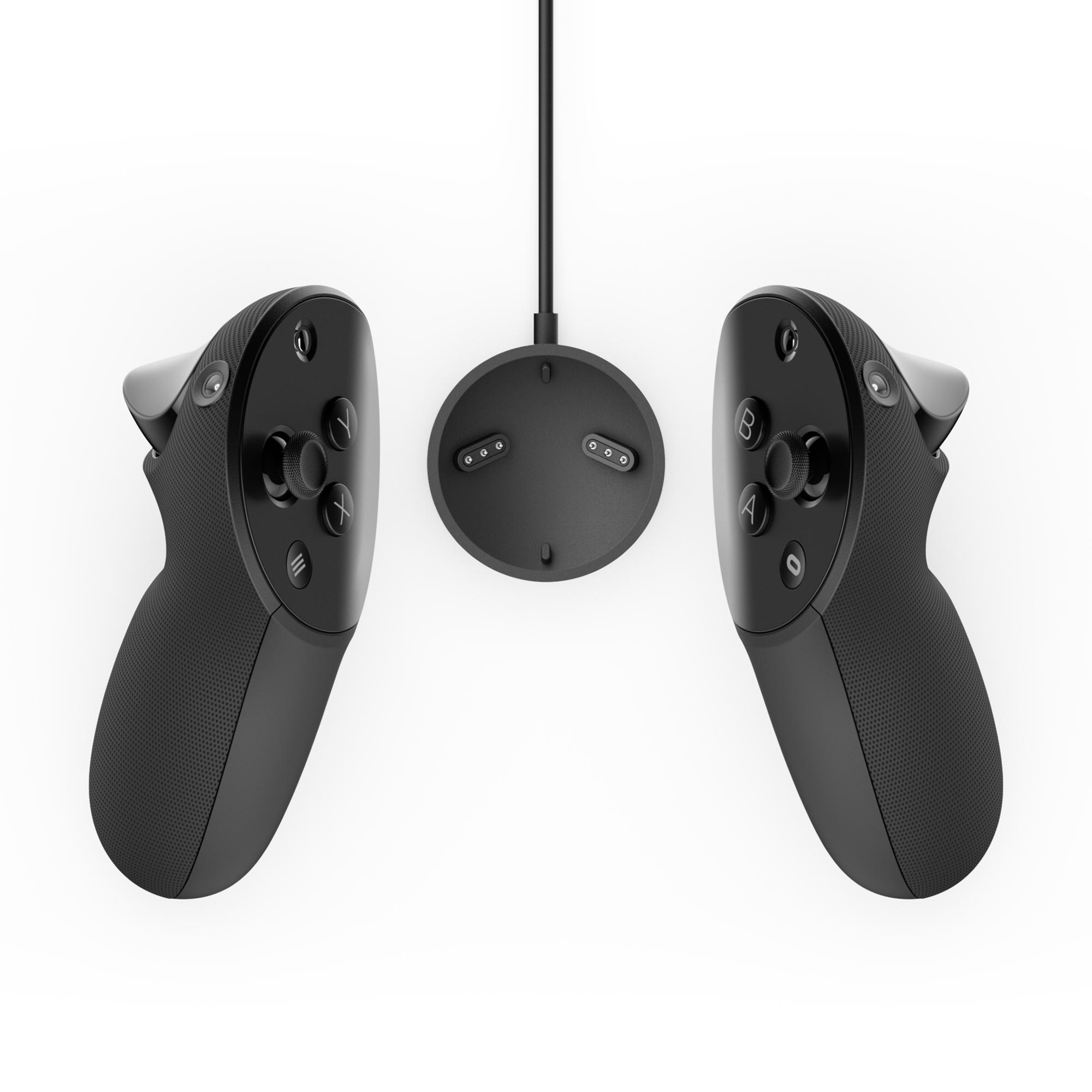 Zwei schwarze VR-Controller und eine Ladestation. Controller haben Knöpfe, Ladestation hat Anschlüsse.