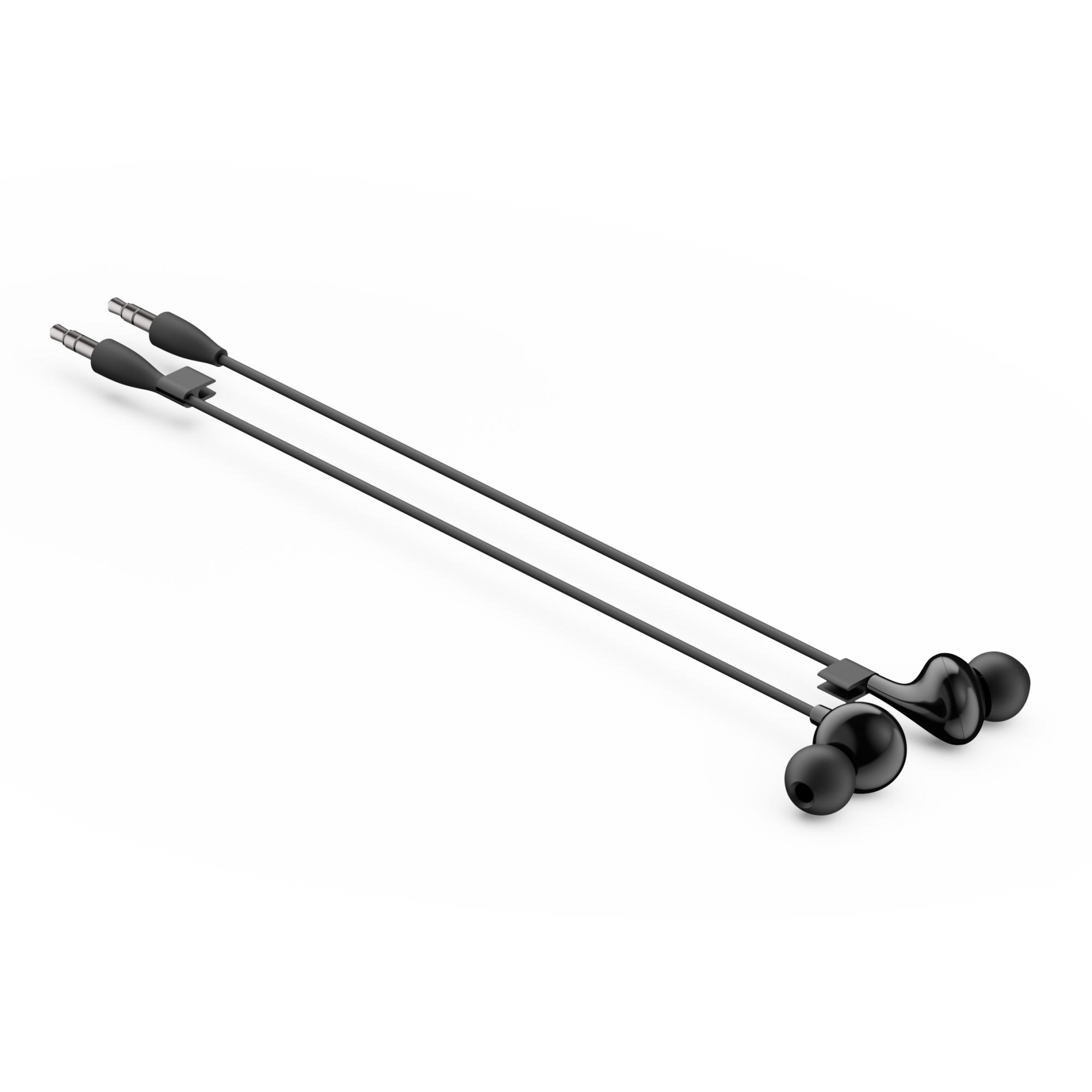 Zwei schwarze In-Ear-Kopfhörer mit Kabeln auf weißer Oberfläche.