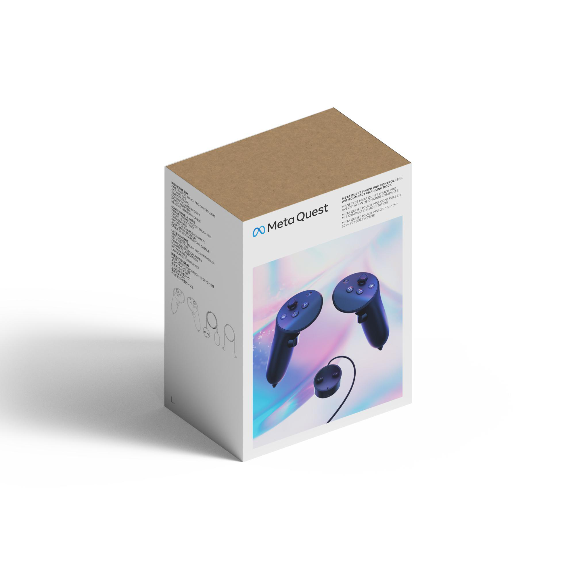 Eine weiße Box mit dem Meta Quest-Logo, mit Controllern und einem Headset.