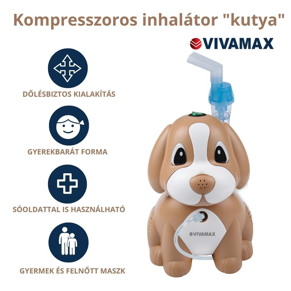 Egy kutya alakú inhalátor, magyar nyelvű szöveggel.
