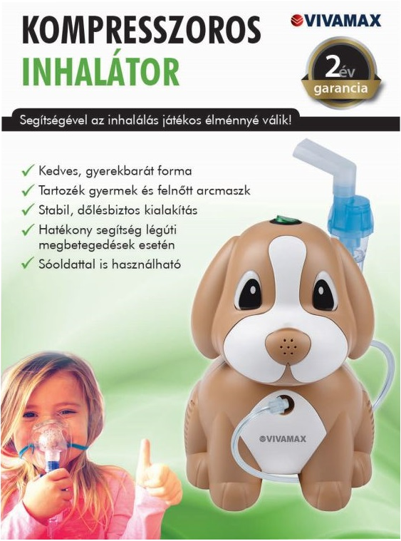 Egy kutya alakú inhalátor gyerekeknek, egy maszkot viselő gyerekkel, és szöveg az előnyeiről.
