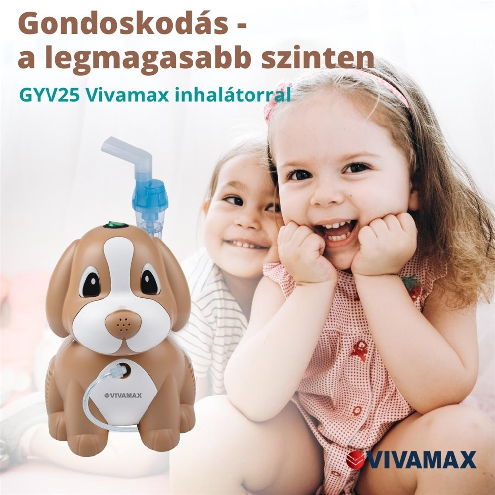 Két mosolygós gyermek kutyás inhalátorral és magyar nyelvű szöveggel. A Vivamax logója a sarokban.