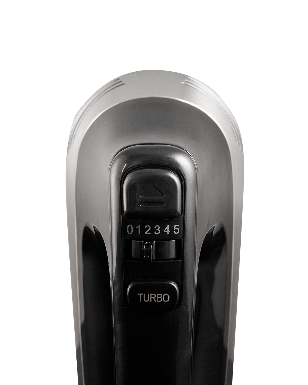 Batidora de mano, vista superior. Tiene control de velocidad con números y botón turbo.
